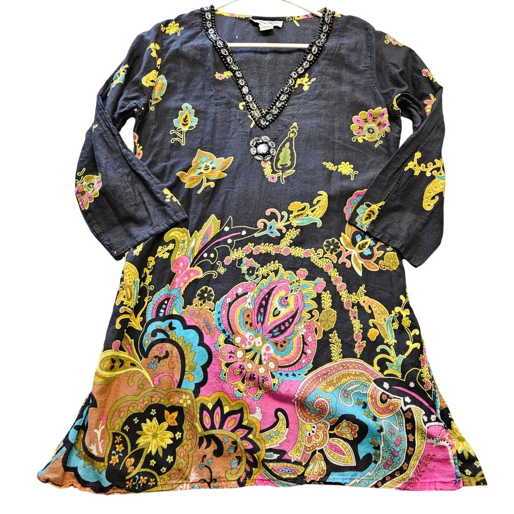 Jessica‎ Taylor Womens Cotton Paisley Beaded V-Neck Tunic Top Grey Pink Medium